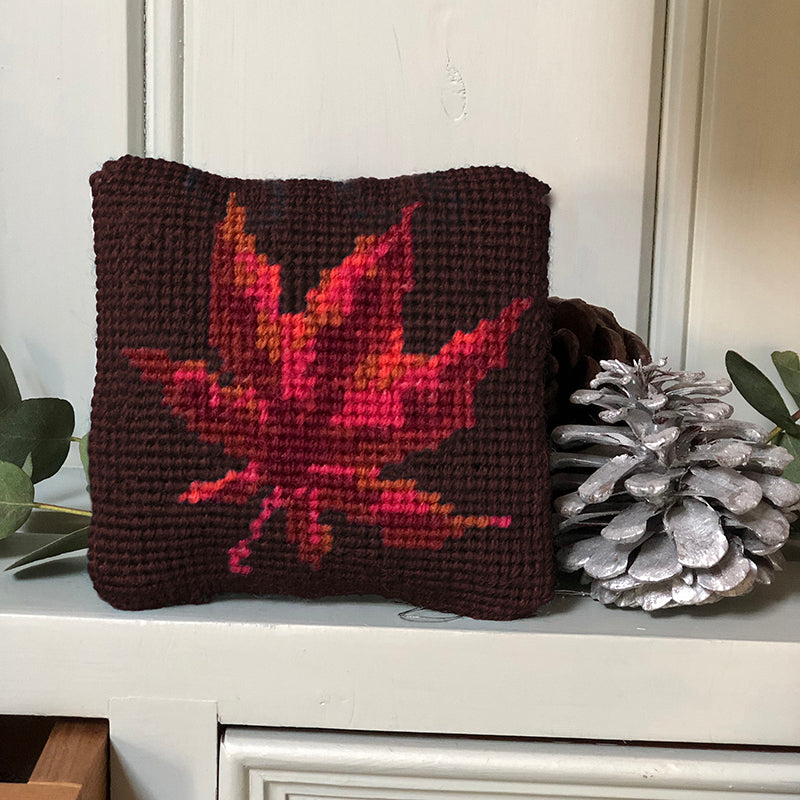 autumn leaf on chocolate brown mini tapestry kit.