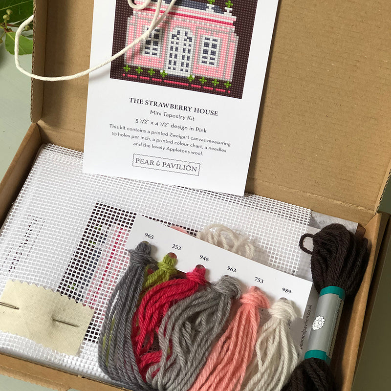 tapestry kit contents for the tiny strawberry house in pink