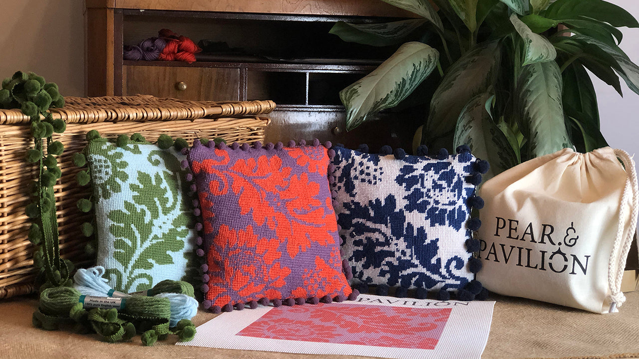 Collection of tapestry cushions and bag by pear and pavilion.