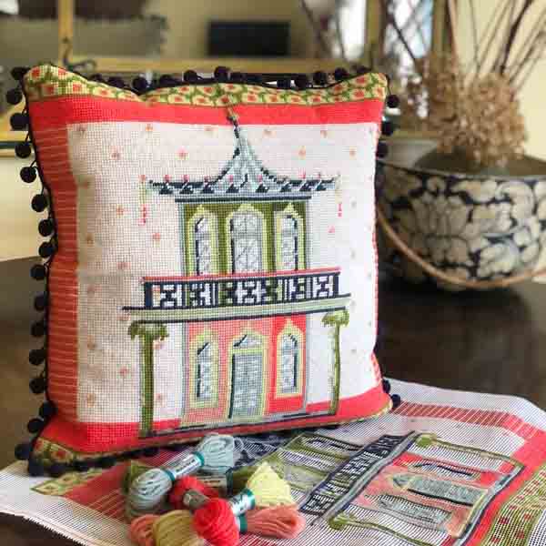 Garden pavilion tapestry kit made into a cushion