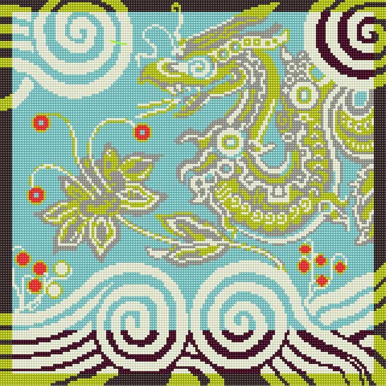 Royal Dragon Tapestry Kit design in an aqua, green and blue colourway tapestry kit.