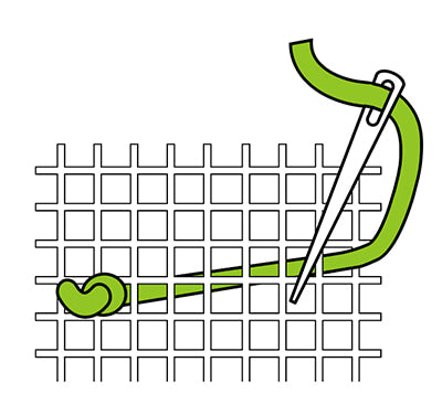 Green thread being threaded through a needle on a grid background