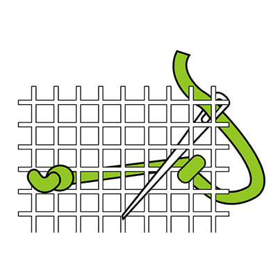 Thread stitching through canvas for tapestry.