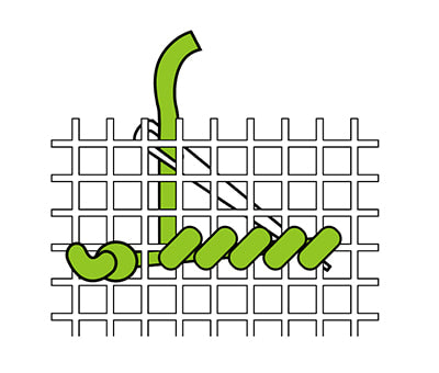 Green thread weaving through tapestry canvas.