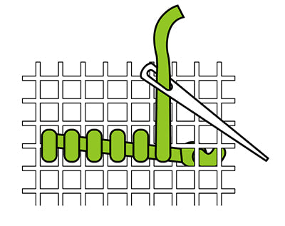 Diagram of a needle with green thread on a grid background