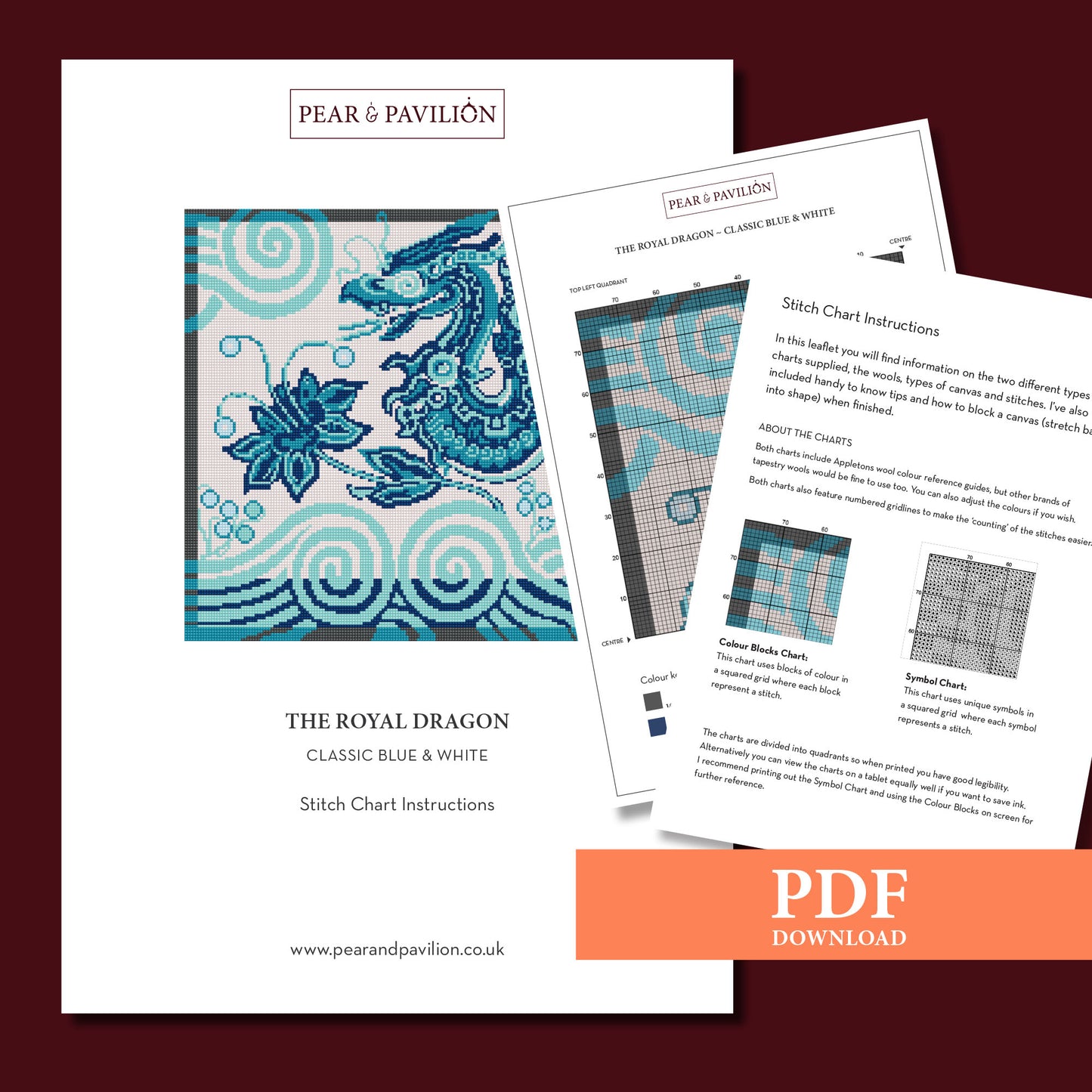 Stitch Chart and Guide PDF, Royal Dragon Design in Classic Blue