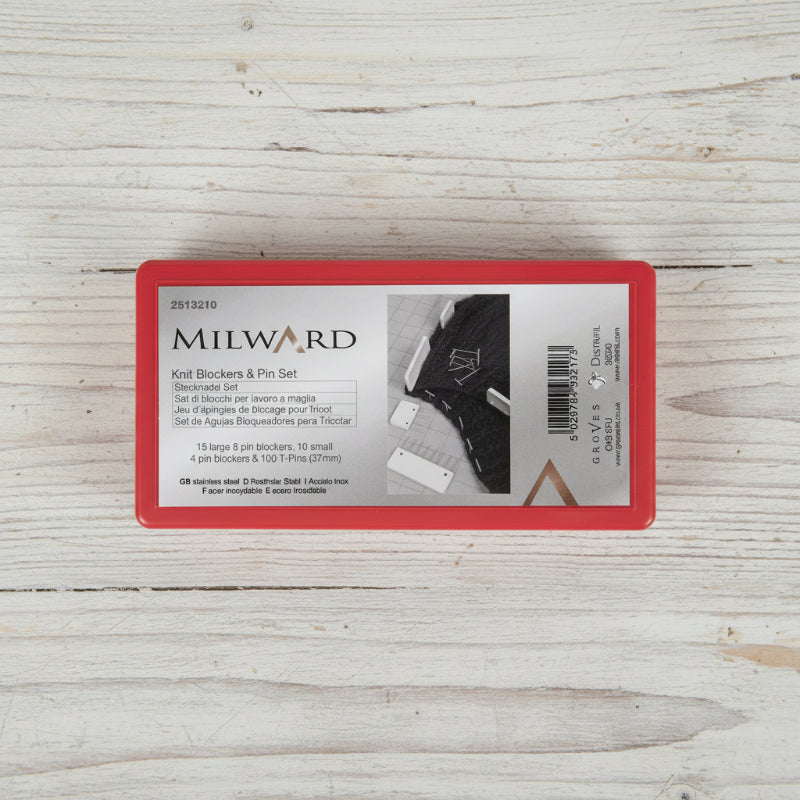 Milward knit blockers and pin set packaging on table