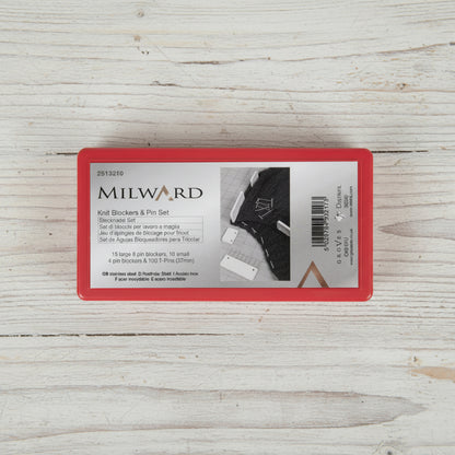Milward knit blockers and pin set packaging on table