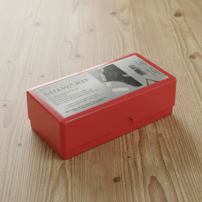 Knit blockers and pin set in box viewed from an angle.