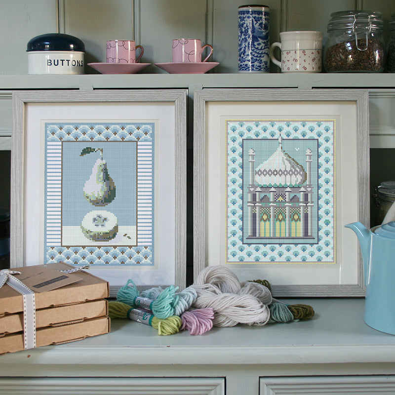 Pear and pips with Pavilion Grand Dome on dresser with wools and tea pot.