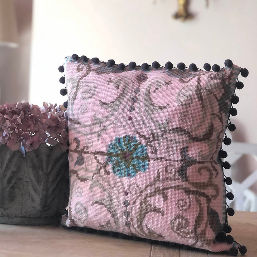 Pink versailles tapestry cushion with pink hydrangeas