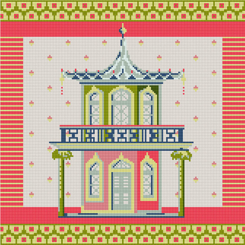 The Garden Pavilion tapestry design in a coral, pink and green colourway.