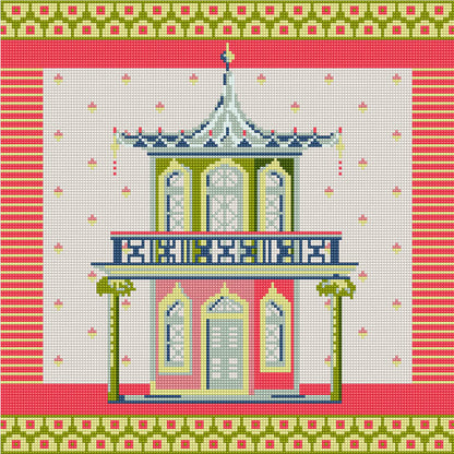 The Garden Pavilion tapestry design in a coral, pink and green colourway.