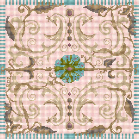 The Peacocks of Versailles tapestry design in pink and turquoise colourway.