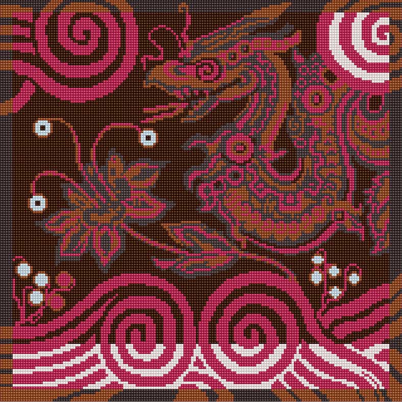 Royal Dragon tapestry design in a raspberry, ginger and chocolate colourway.