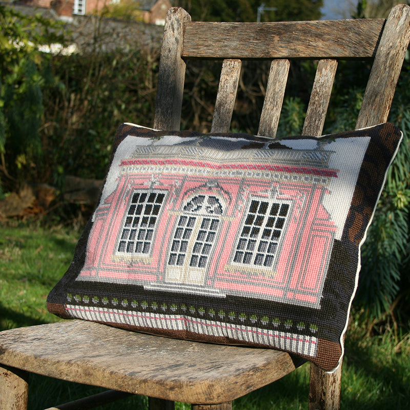 The Strawberry House in pink tapestry kit made as a cushion.